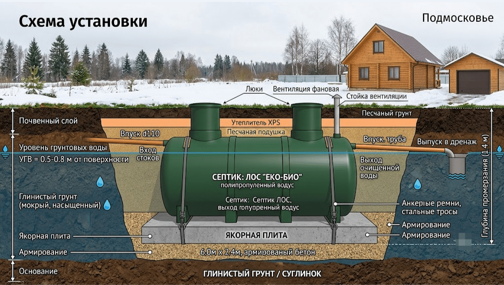Глубина установки септика на глинистом грунте в Подмосковье
