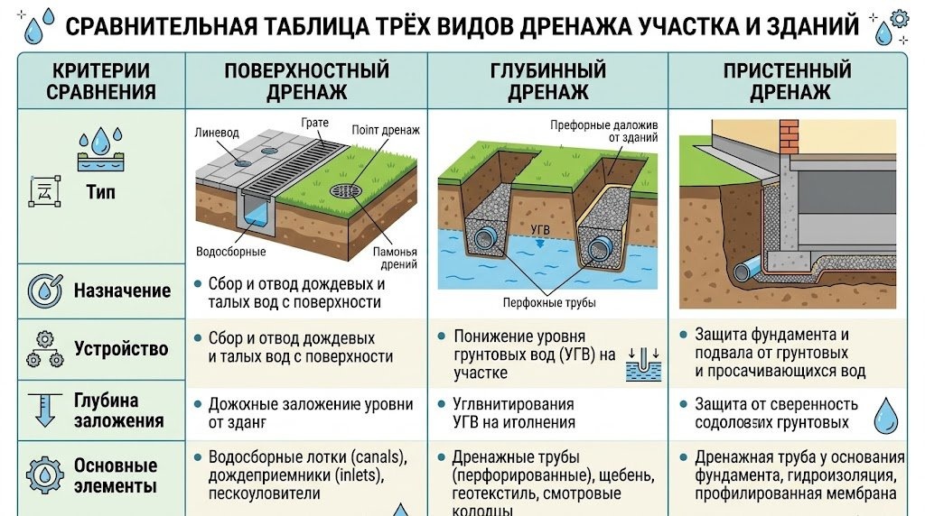 Виды дренажа участка: поверхностный, глубинный и пристенный — сравнение