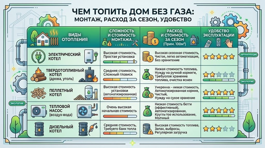 Сравнение вариантов отопления дома без газа в Подмосковье по цене и расходам