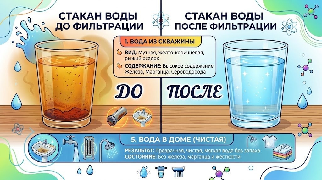 вода из скважины до и после обезжелезивания